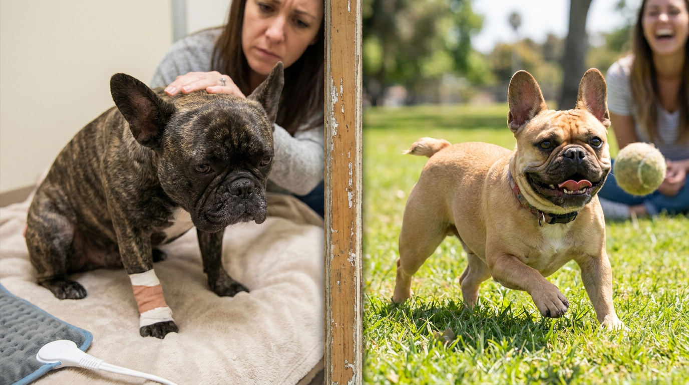 Before and after image showing a struggling dog and a happy active dog