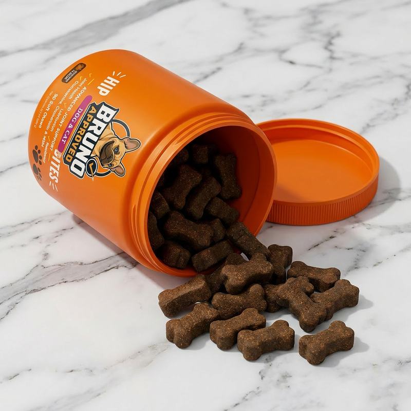 Close-up of Bruno Approved bites spilling from the jar